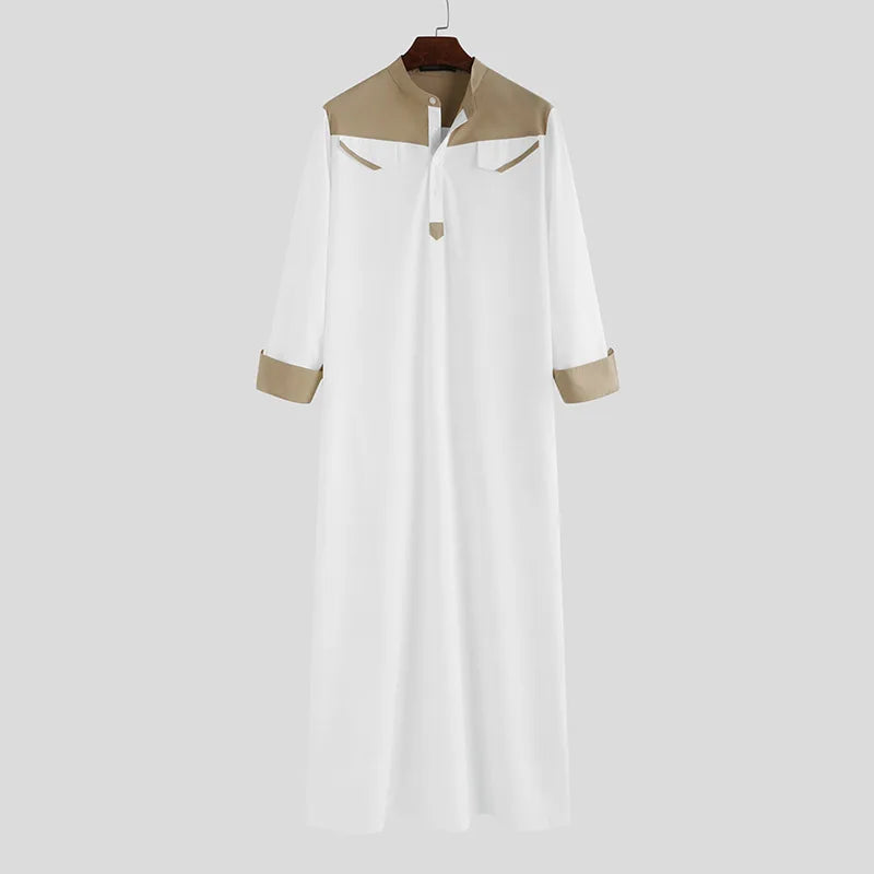 2025 Muslim Thobe Comfortable Men Caftan Long Sleeve Contrast Color Muslim Clothing Mandarin Neck Muslim Robe for Middle East