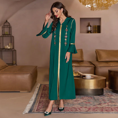 Abaya Muslim Maxi Long Sleeve Dress With Cap Women Diamond Arab Dubai Islamic Clothing Autumn New Loose Casual Turkey Robe