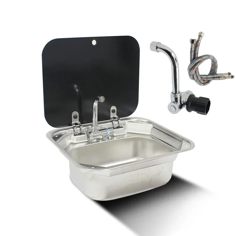 RV Camper Stainless Steel Hand Wash Basin Sink With Folded Faucet Tempered Glass Lid Washbasin for Caravan Boat Motorhome