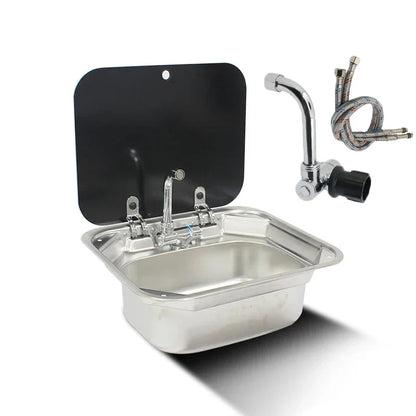 RV Camper Stainless Steel Hand Wash Basin Sink With Folded Faucet Tempered Glass Lid Washbasin for Caravan Boat Motorhome