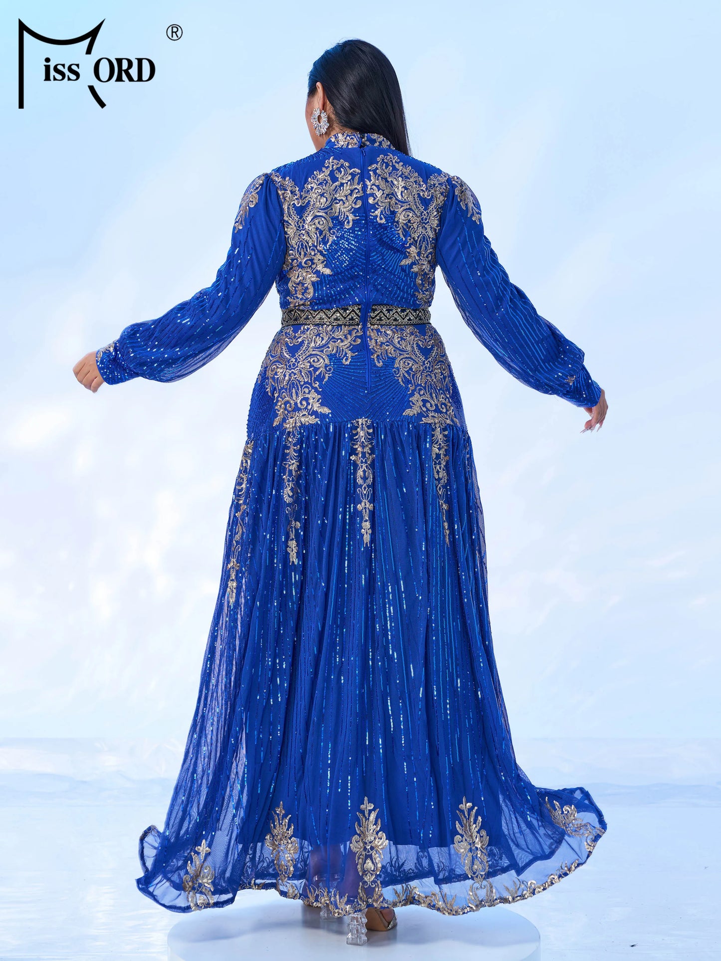 Missord New Blue Plus Size Muslim Round Neck Long Sleeved A Line Gown Evening Women Wedding Birthday Party Large Maxi Dress