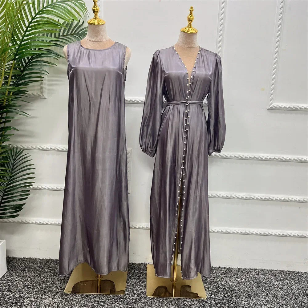 2 Piece Silk Satin Kimono Abaya Under Dress Morocco Muslim Sets Abayas for Women Dubai Arabic Cardigan Kaftan Robe Islam outfits