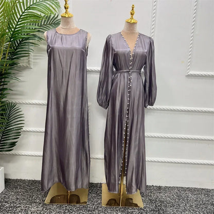 2 Piece Silk Satin Kimono Abaya Under Dress Morocco Muslim Sets Abayas for Women Dubai Arabic Cardigan Kaftan Robe Islam outfits