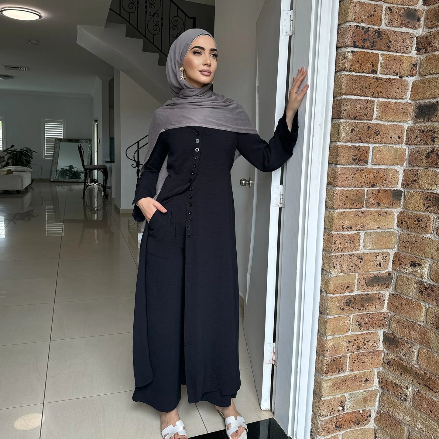 2PCS Muslim Women Button Long Sleeve Tops Dress Pants Set Dubai Abaya Turkey Kaftan Arabic Outfits Eid Ramadan Islam Clothing