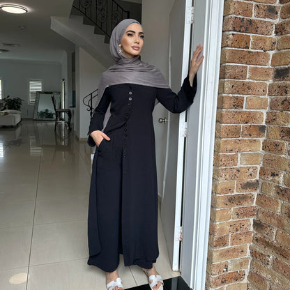 2PCS Muslim Women Button Long Sleeve Tops Dress Pants Set Dubai Abaya Turkey Kaftan Arabic Outfits Eid Ramadan Islam Clothing