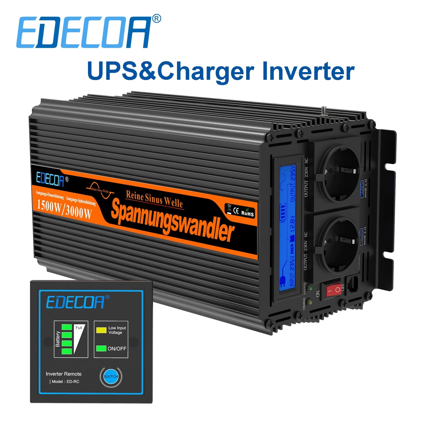 UPS inverter with charger 1500W 2500W DC 12V to AC 220V 230V converter pure sine wave transformer off grid for home