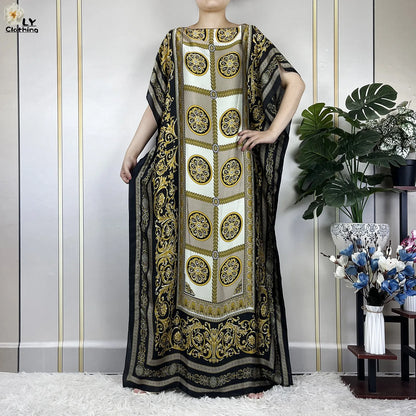 Muslim Abayas For Women 2023 New Fashion Printed Silk Soft Loose Femme Elegant Robe African Maxi Party Dresses With Belt Turban