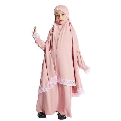 2Pcs Traditional Muslim Kids Girls Abaya Eid Hooded Overhead Hijab Burqa Maxi Skirt Sets Turkey Dubai Kaftan Prayer Garment Gown
