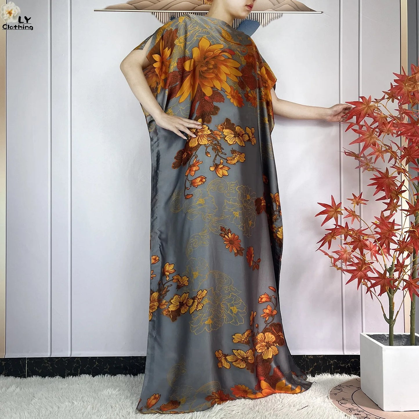 Muslim Abayas For Women 2023 New Fashion Printed Silk Soft Loose Femme Elegant Robe African Maxi Party Dresses With Belt Turban
