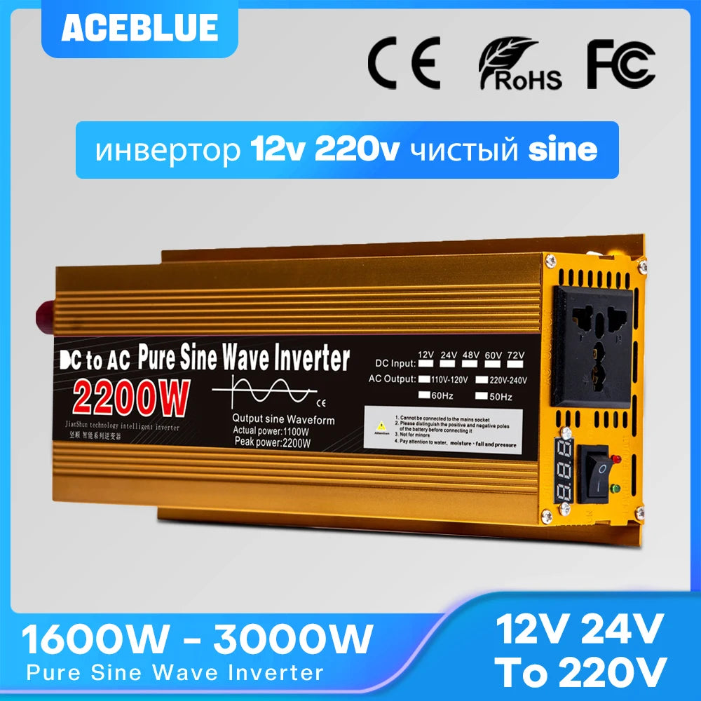 Pure Sine Wave Inverter 12V 220V 24V 110V 1600W 2200W 3000W DC To AC Portable Power Voltage Converter Car Solar Inverter