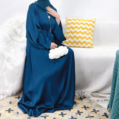 Plain Satin Abaya Dress for Muslim Women, Side Pockets Wide Sleeves, Dubai Turkish Hijabi Islamic Clothing, Modest Robe, Ramadan