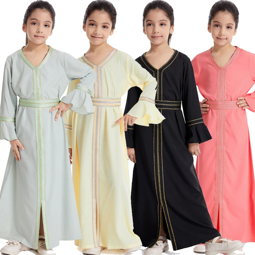 Kids Muslim Girls Abaya Prayer Long Maxi Dress Turkey Kaftan Arab Robe Dubai Islam Morocco Eid Party Ramadan Holiday Gown Caftan