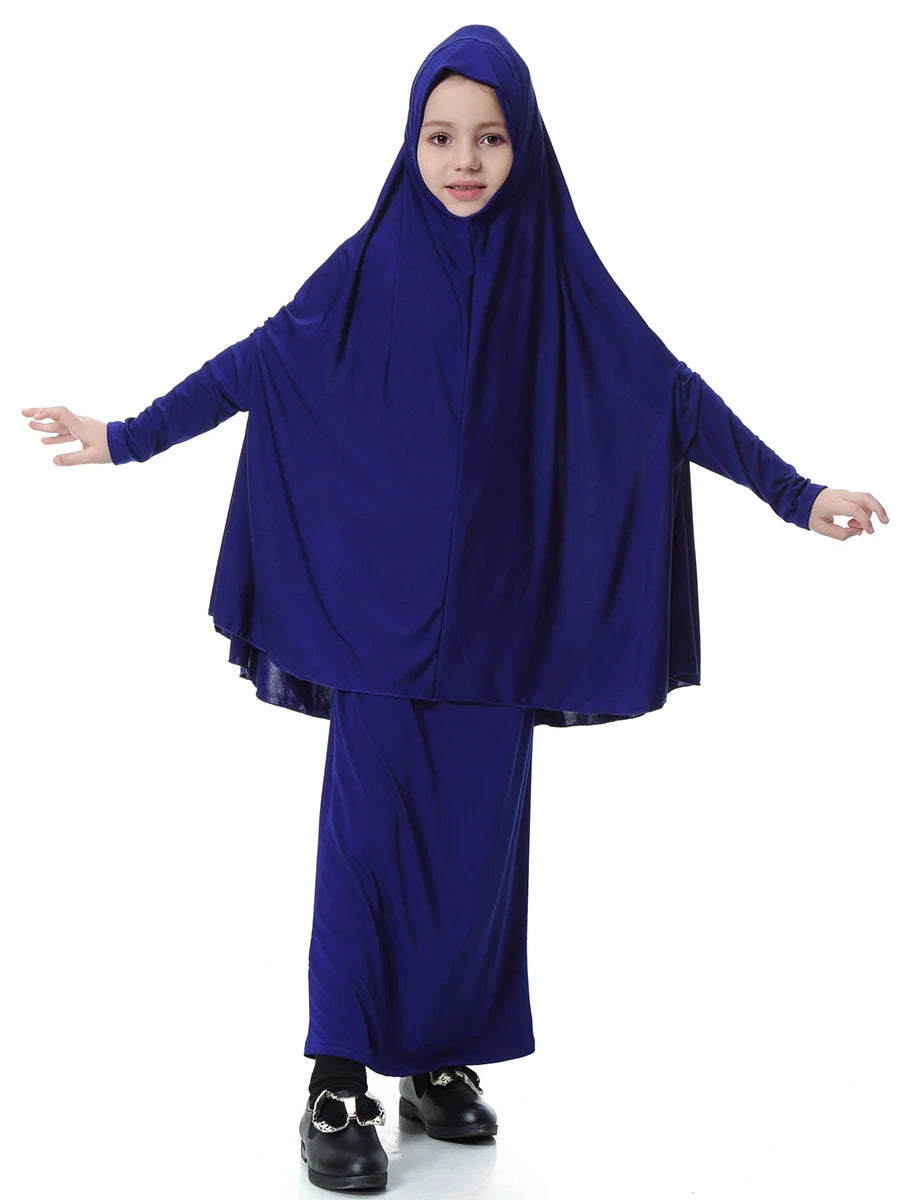 2pcs Set Abaya Muslim Kids Girls Gowns Long Overhead Hijab Maxi Dress Islamic Prayer Garment Clothing Set Turkey Khimar Ramadan