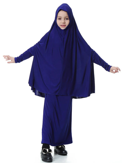 2pcs Set Abaya Muslim Kids Girls Gowns Long Overhead Hijab Maxi Dress Islamic Prayer Garment Clothing Set Turkey Khimar Ramadan