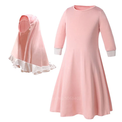 Muslim traditional clothing Islamic robe kids baby girls richer Saudi Arab Dubai solid abaya kaftan with ruffle bow hijab dress