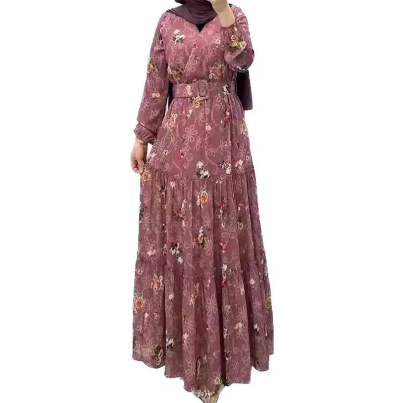 Eid Morocco Dress Women Muslim Abaya Jalabiya Turtleneck Floral Print Belted Dubai Kaftan Robe Vestidos Ramadan Abayas Dresses