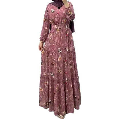 Eid Morocco Dress Women Muslim Abaya Jalabiya Turtleneck Floral Print Belted Dubai Kaftan Robe Vestidos Ramadan Abayas Dresses
