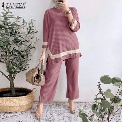 2024 ZANZEA Women Vintage Muslim Sets 2PCS Summer Islamic Clothing Eid Mubarek Ramadan Outifits Patchwork Blouse Trousers Suits