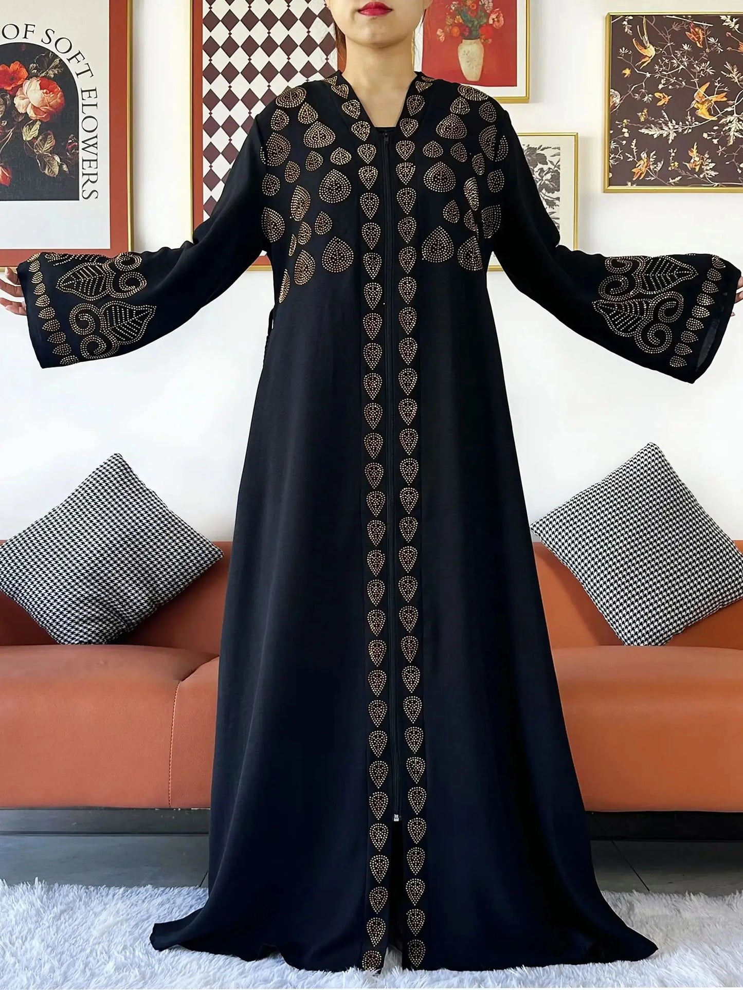 2024 Women Party Dress Chiffon Open Abaya Golden Stones Muslim Women Dress Islamic Clothing Cardigan Abaya Women Muslim Dress