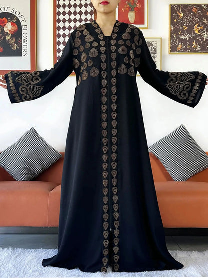 2024 Women Party Dress Chiffon Open Abaya Golden Stones Muslim Women Dress Islamic Clothing Cardigan Abaya Women Muslim Dress