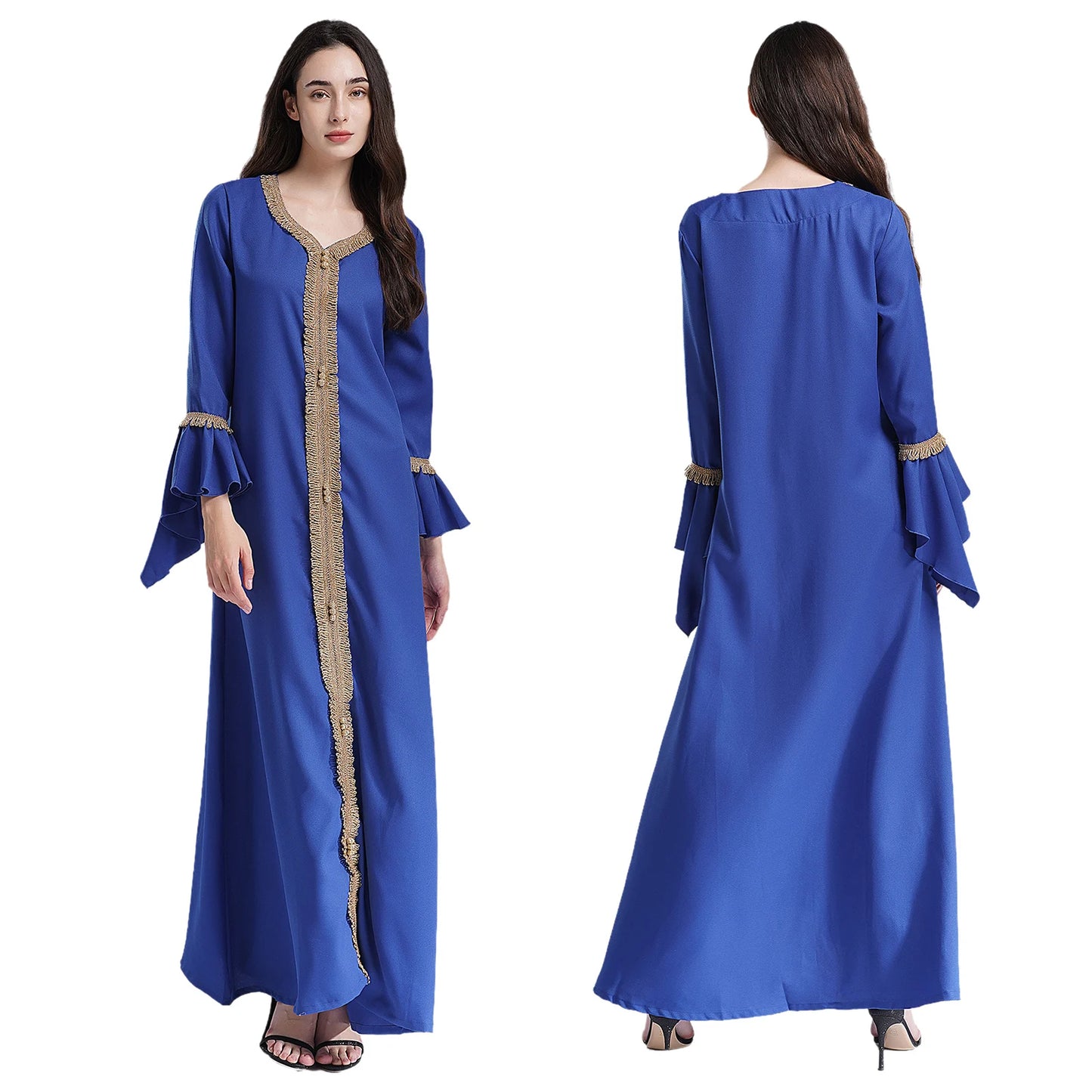 Elegant Womens Muslim Abaya Floor Length Robe V Neck Flared Sleeve Dress Halloween Witch Masquerade Gown Role Play Theme Party
