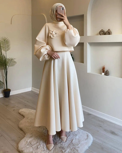 2  Piece Muslim Sets Women Middle East Dubai Flower Lantern Sleeve Tops Skirts Set Dress Kimono Kaftan 2pc Ramadan Islam Clothes