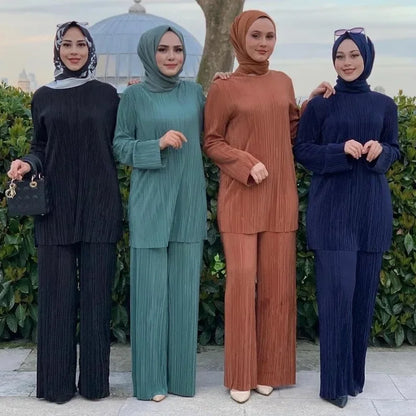 Muslim Sets Women Ramadan Abaya Turkey Dubai Hijab Two Piece Suits Prayer Dress Wide Leg Pants Jilbab Khimar Islamic Clothing
