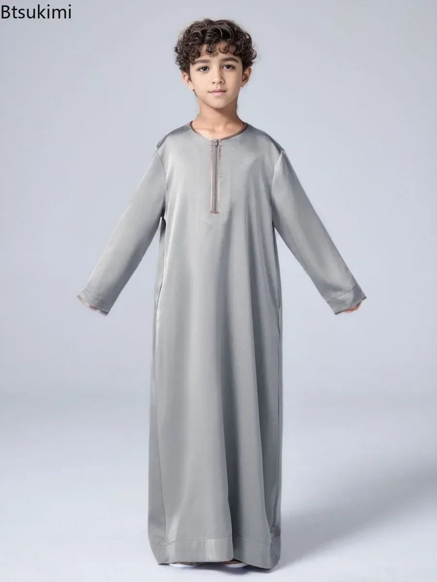 New 2025 Islamic Muslim Kids Clothing Long Sleeve Loose Jubba Thobe Saudi Arab Kaftan Maxi Robe Boys Pakistan Dubai Caftan Dress