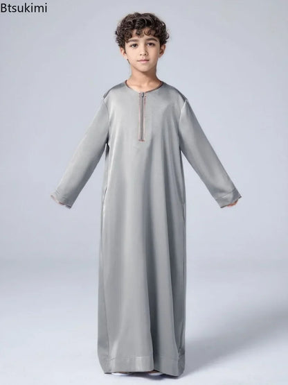 New 2025 Islamic Muslim Kids Clothing Long Sleeve Loose Jubba Thobe Saudi Arab Kaftan Maxi Robe Boys Pakistan Dubai Caftan Dress