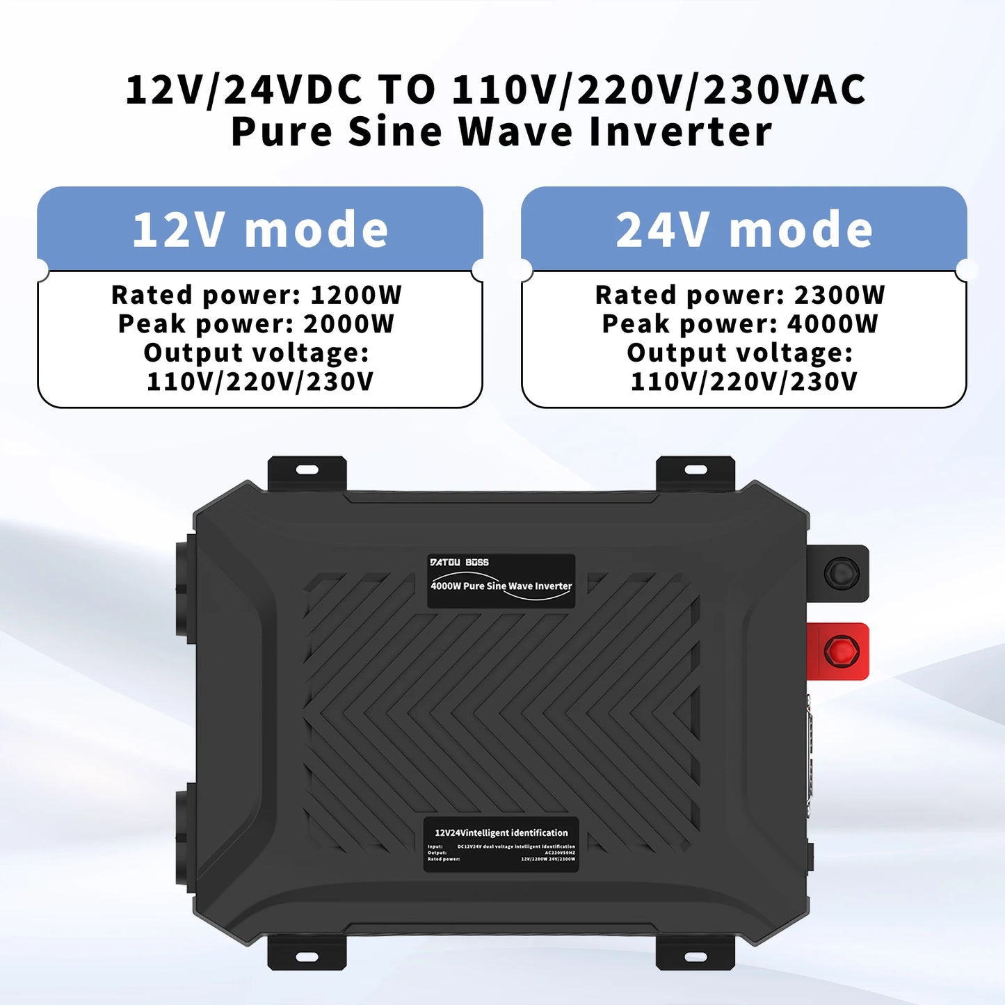DATOU BOSS Pure Sine Wave Inverter 12v 24v 1200w 2300w Two Voltages Support dc ac Inverter 12v to 220v EU Peak Power 4000W