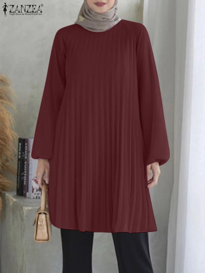 Fashion Women Long Sleeve Pleated Tops ZANZEA Autumn Muslim Blouse Long Shirt Ramadan Abaya Turkey Kaftan Solid IsIamic Clothing