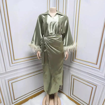 Eid Mubarak Muslim Women Feathers Abaya Laple Neck Tops Wrap Skirt Dress Ramadan Kaftan Islam Vestido Arab Morocco Dubai Vestido