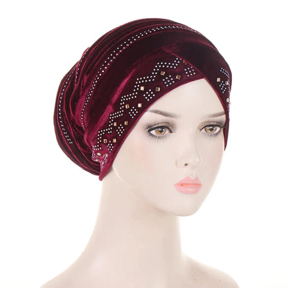 Glitter Diamonds Pleated Turban Cap Women Soft Velvet Head Wraps Caps Muslim Headscarf Bonnet Female Beanie Pullover Cap