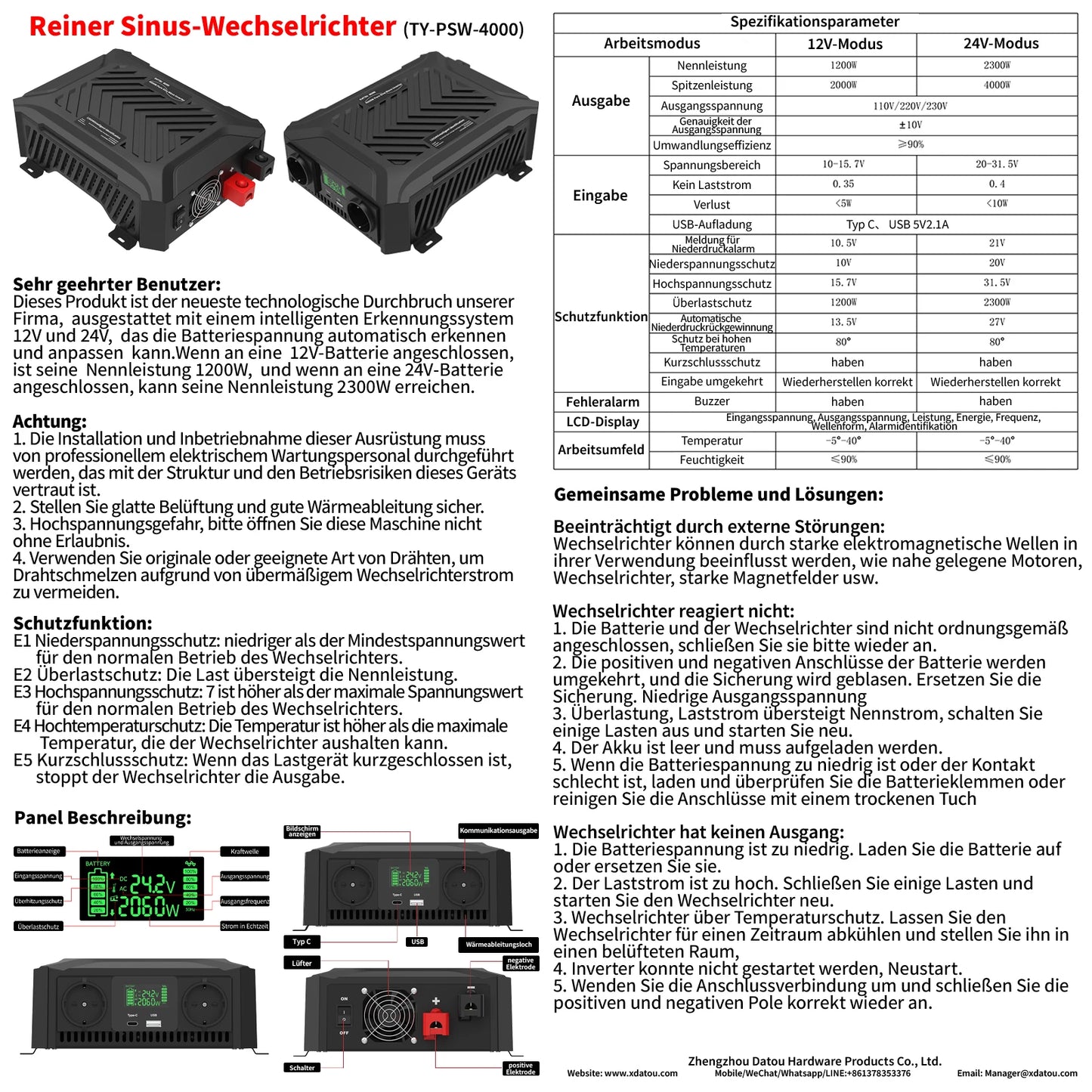 DATOU BOSS Pure Sine Wave Inverter 12v 24v 1200w 2300w Two Voltages Support dc ac Inverter 12v to 220v EU Peak Power 4000W