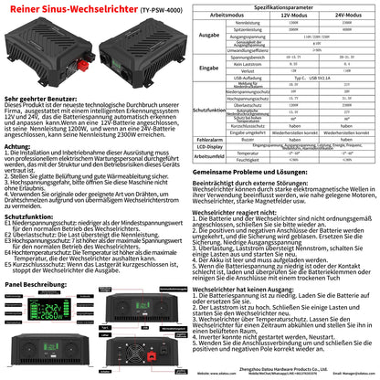 DATOU BOSS Pure Sine Wave Inverter 12v 24v 1200w 2300w Two Voltages Support dc ac Inverter 12v to 220v EU Peak Power 4000W