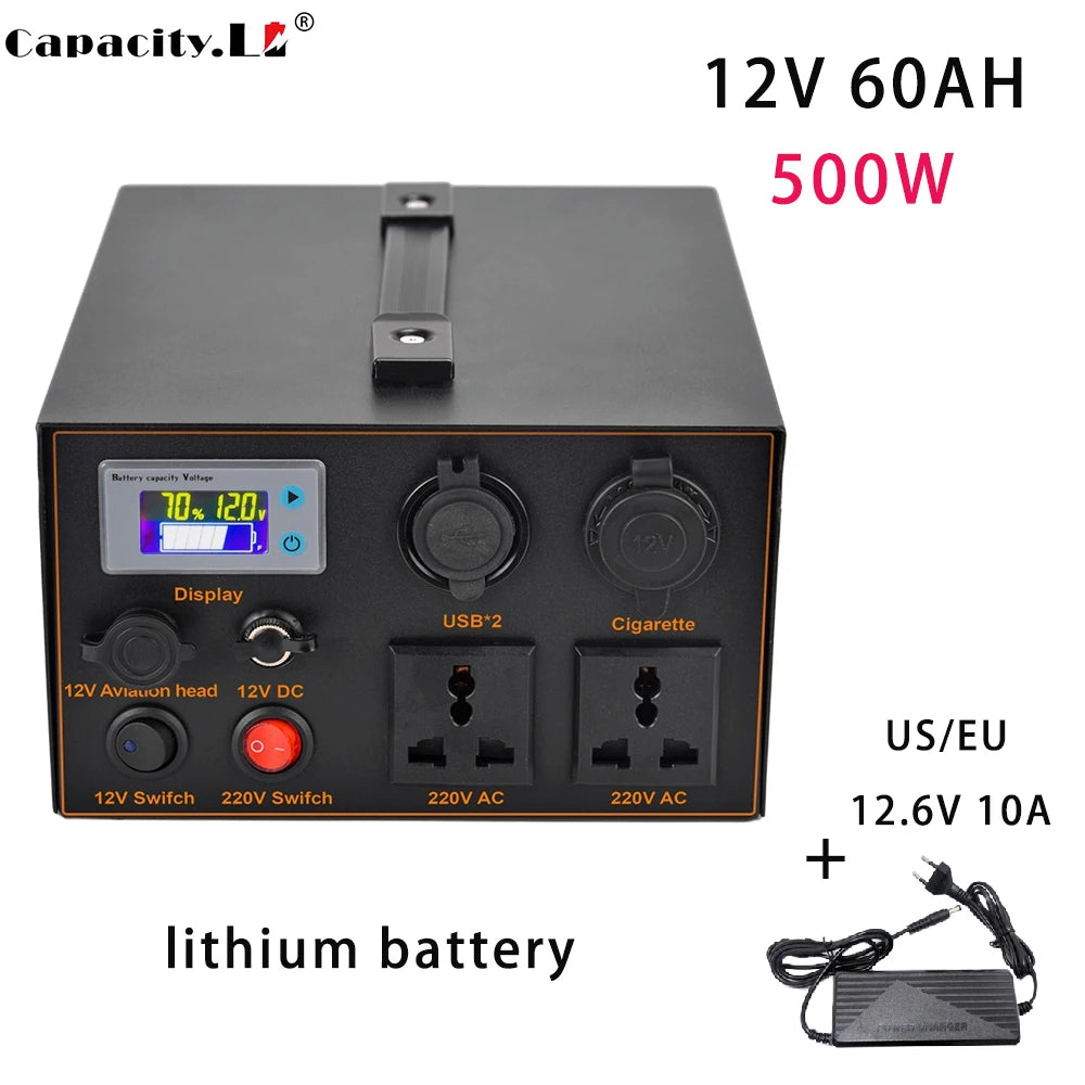 12V Lithium Battery Inverter AC220V 500W Rechargeable Battery Solar Energy Storage Backup Outdoor Battery Pack Sine Wave 50~60HZ