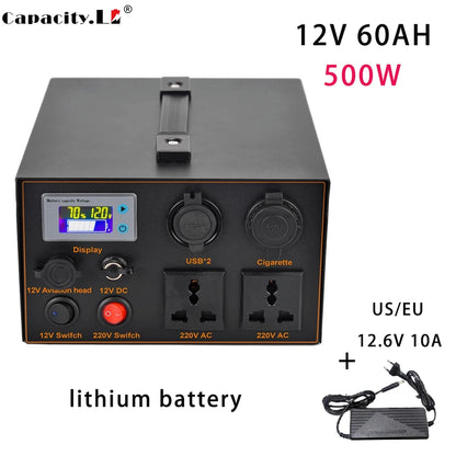12V Lithium Battery Inverter AC220V 500W Rechargeable Battery Solar Energy Storage Backup Outdoor Battery Pack Sine Wave 50~60HZ