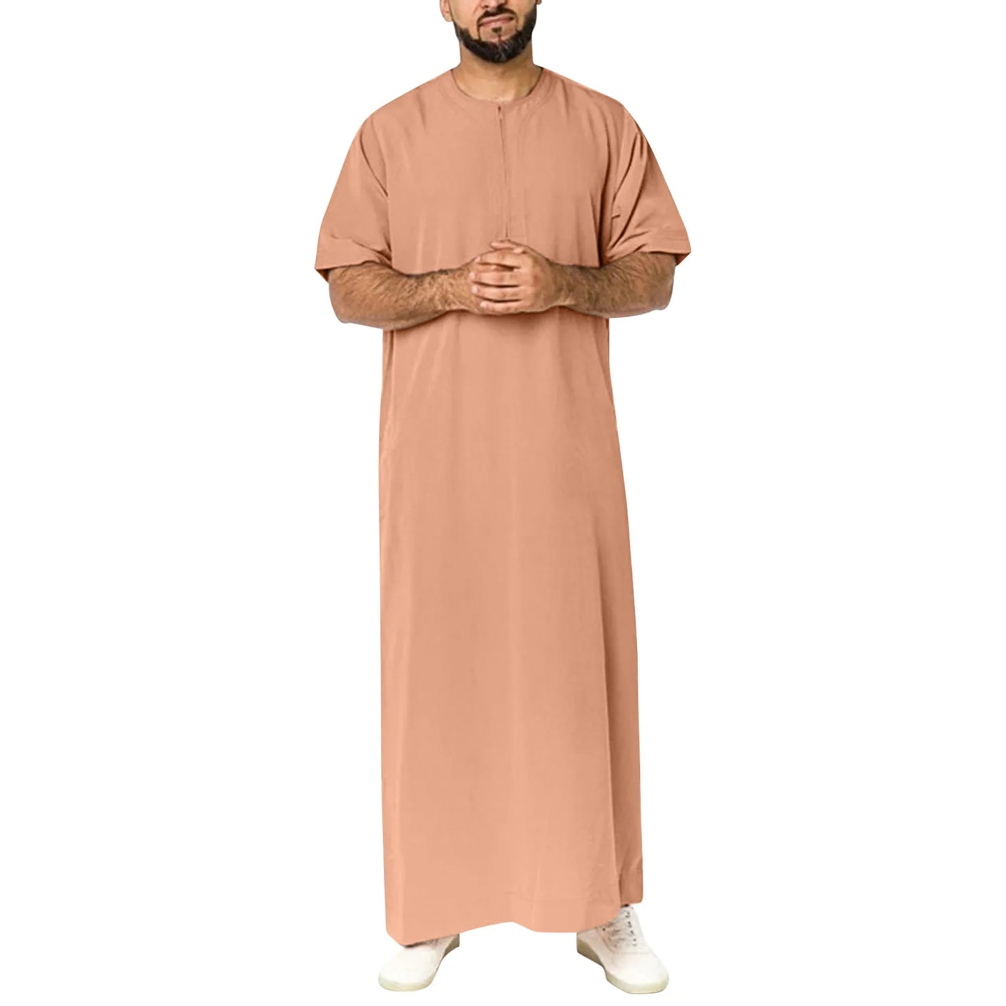 New 2025 Men Islamic Arabic Kaftan Vintage Solid Short Sleeve Loose Retro Robes Abaya Dubai Middle East Muslim Clothing S-5XL