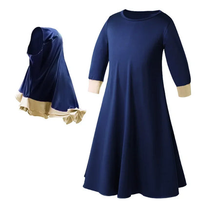 Muslim traditional clothing Islamic robe kids baby girls richer Saudi Arab Dubai solid abaya kaftan with ruffle bow hijab dress