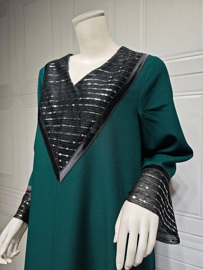 Sequins Abaya Dubai Luxury High Class Dark Green Chiffon Kaftan Party Ladies Long Sleeves Muslim Girl Dress