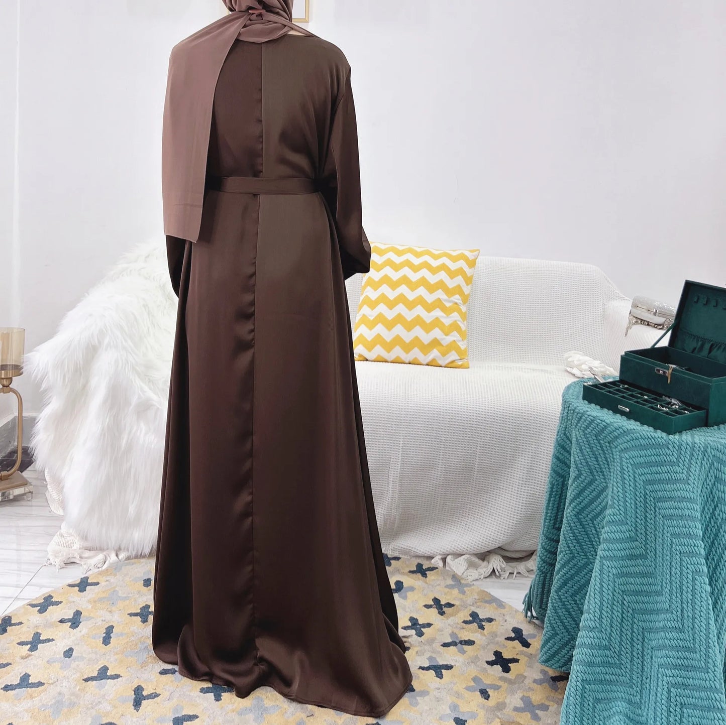 Plain Satin Abaya Dress for Muslim Women, Side Pockets Wide Sleeves, Dubai Turkish Hijabi Islamic Clothing, Modest Robe, Ramadan