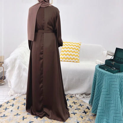 Plain Satin Abaya Dress for Muslim Women, Side Pockets Wide Sleeves, Dubai Turkish Hijabi Islamic Clothing, Modest Robe, Ramadan