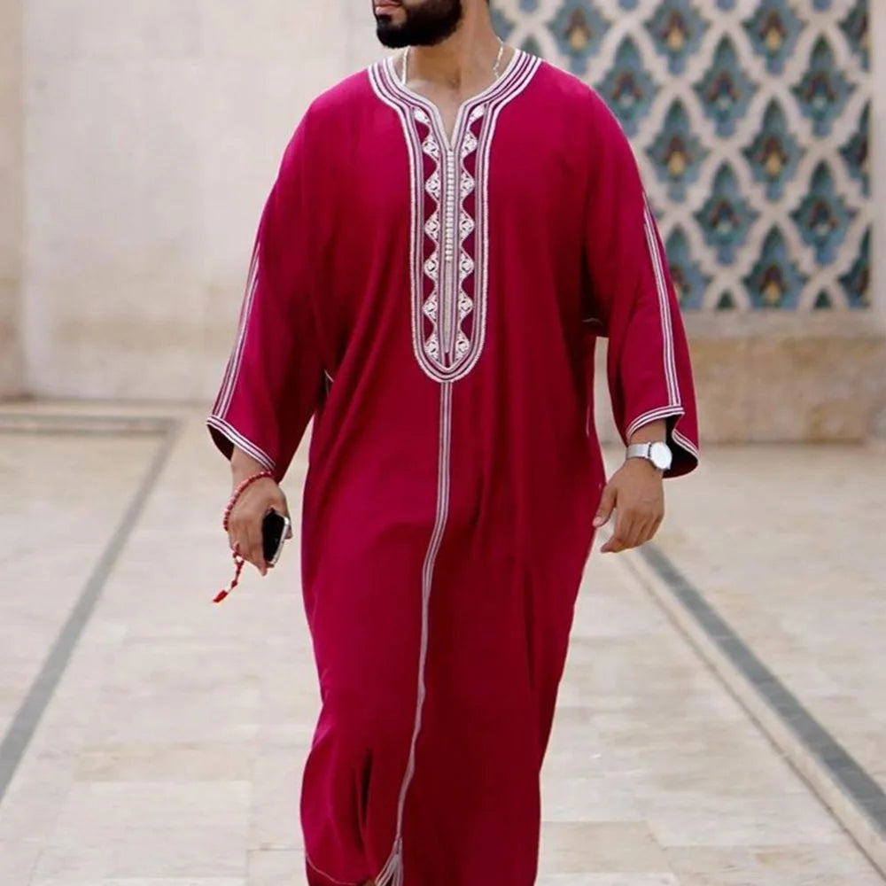 New 2025 Islamic Clothing Men Robe Kaftan Muslim Man Moroccan Casual Long Dress Arabic Striped Robe Middle East National Costume