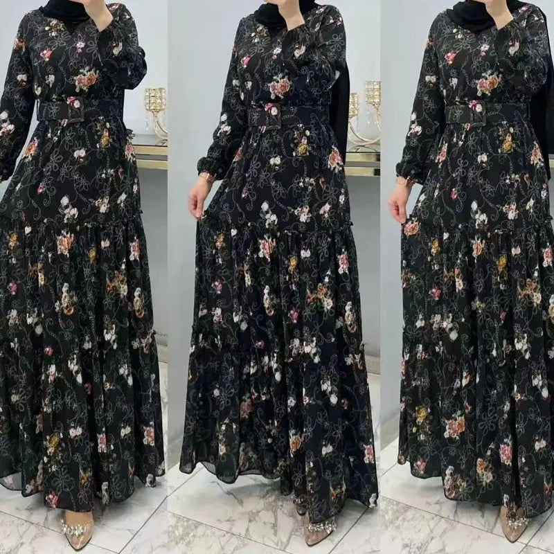 Eid Morocco Dress Women Muslim Abaya Jalabiya Turtleneck Floral Print Belted Dubai Kaftan Robe Vestidos Ramadan Abayas Dresses