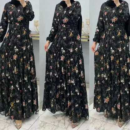 Eid Morocco Dress Women Muslim Abaya Jalabiya Turtleneck Floral Print Belted Dubai Kaftan Robe Vestidos Ramadan Abayas Dresses