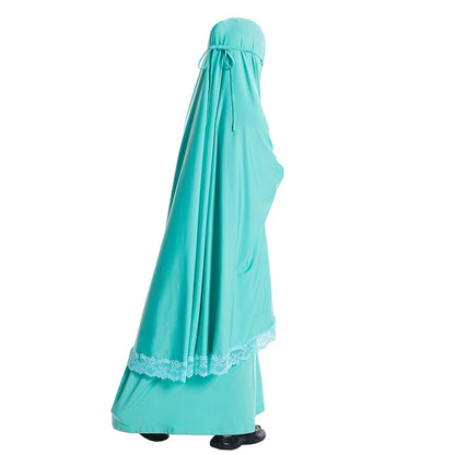 2Pcs Traditional Muslim Kids Girls Abaya Eid Hooded Overhead Hijab Burqa Maxi Skirt Sets Turkey Dubai Kaftan Prayer Garment Gown