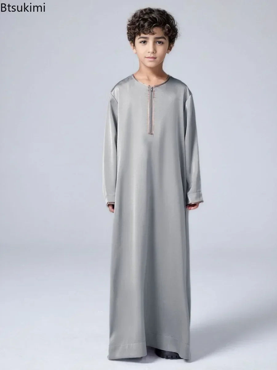 New 2025 Islamic Muslim Kids Clothing Long Sleeve Loose Jubba Thobe Saudi Arab Kaftan Maxi Robe Boys Pakistan Dubai Caftan Dress