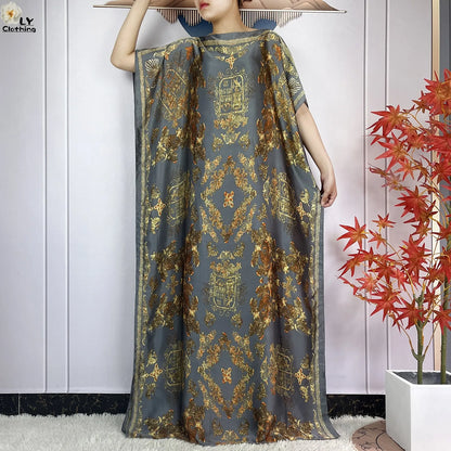 Muslim Abayas For Women 2023 New Fashion Printed Silk Soft Loose Femme Elegant Robe African Maxi Party Dresses With Belt Turban