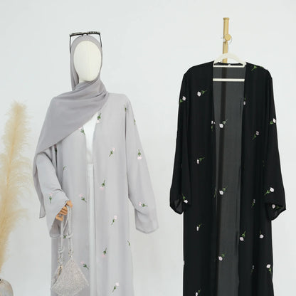 Flower Open Abaya Kimono Embroidery Muslim Abayas for Women Dubai Luxury Turkey Kaftan Hijab Robe Ramadan Eid Islamic Clothing