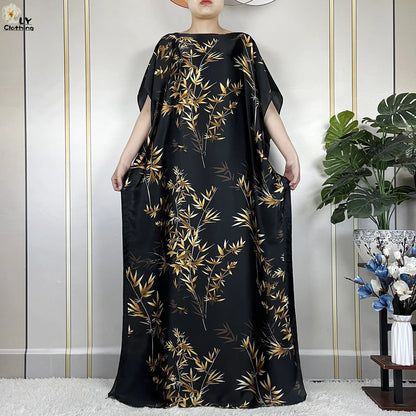 Muslim Abayas For Women 2023 New Fashion Printed Silk Soft Loose Femme Elegant Robe African Maxi Party Dresses With Belt Turban